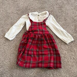 H&M Holiday Collared Long Sleeve & Plaid Pinafore Dress Set Size 5T